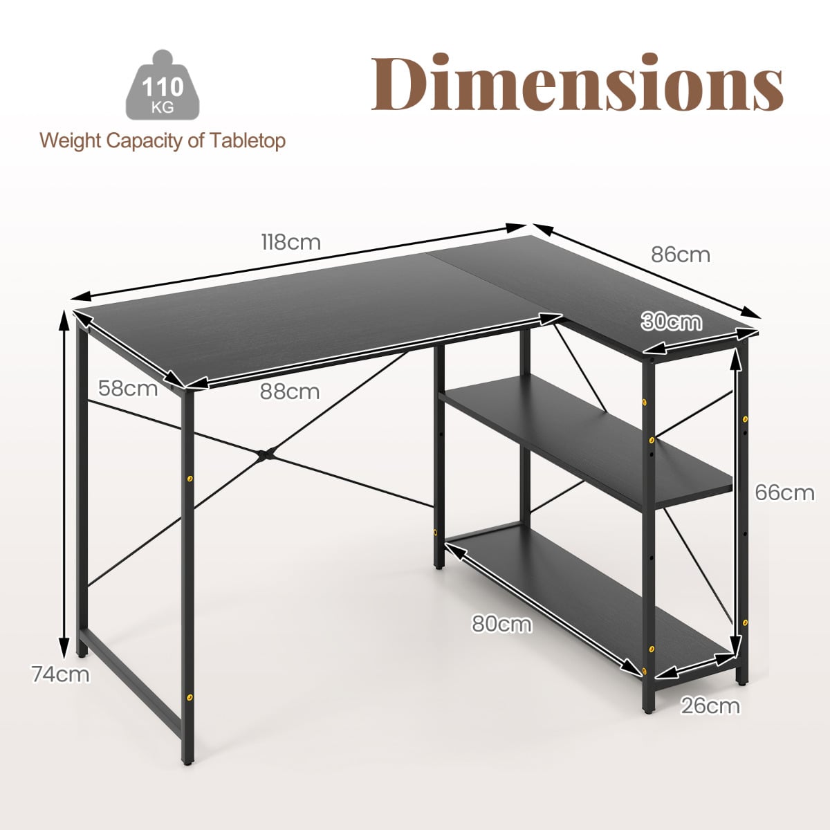 L-shaped Computer Desk Reversible Corner Desk with Adjustable Shelf-Black