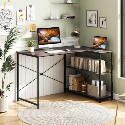 L-shaped Computer Desk Reversible Corner Desk with Adjustable Shelf-Grey