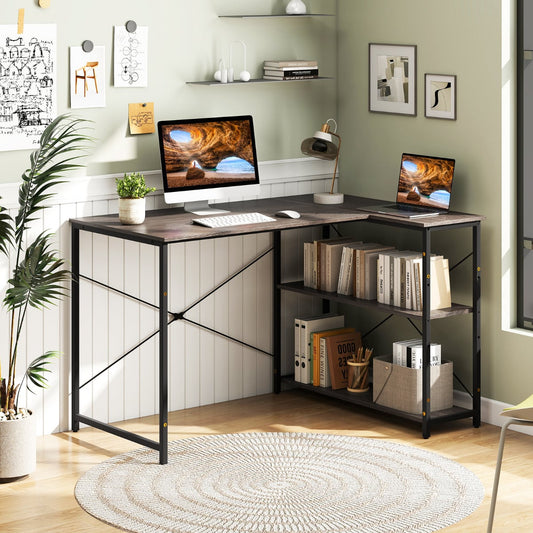L-shaped Computer Desk Reversible Corner Desk with Adjustable Shelf-Grey
