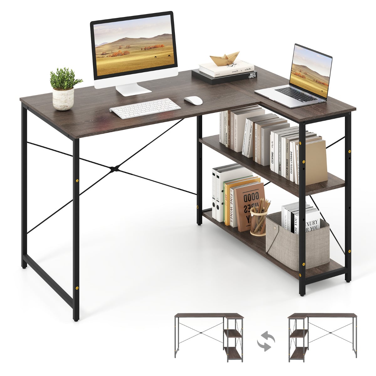 L-shaped Computer Desk Reversible Corner Desk with Adjustable Shelf-Grey