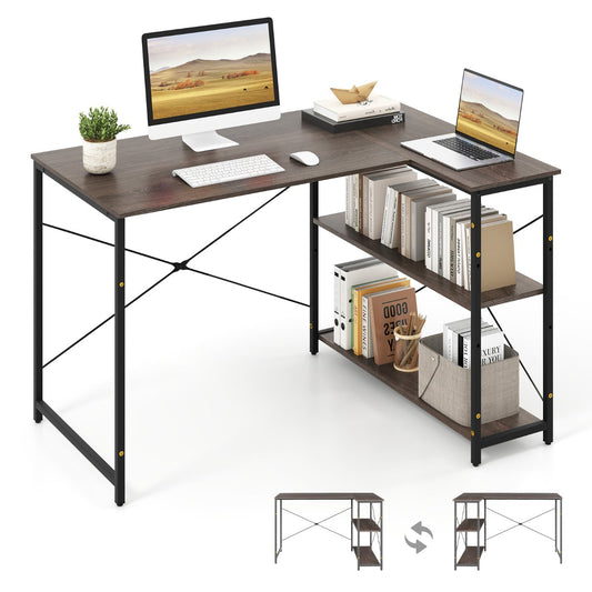 L-shaped Computer Desk Reversible Corner Desk with Adjustable Shelf-Grey