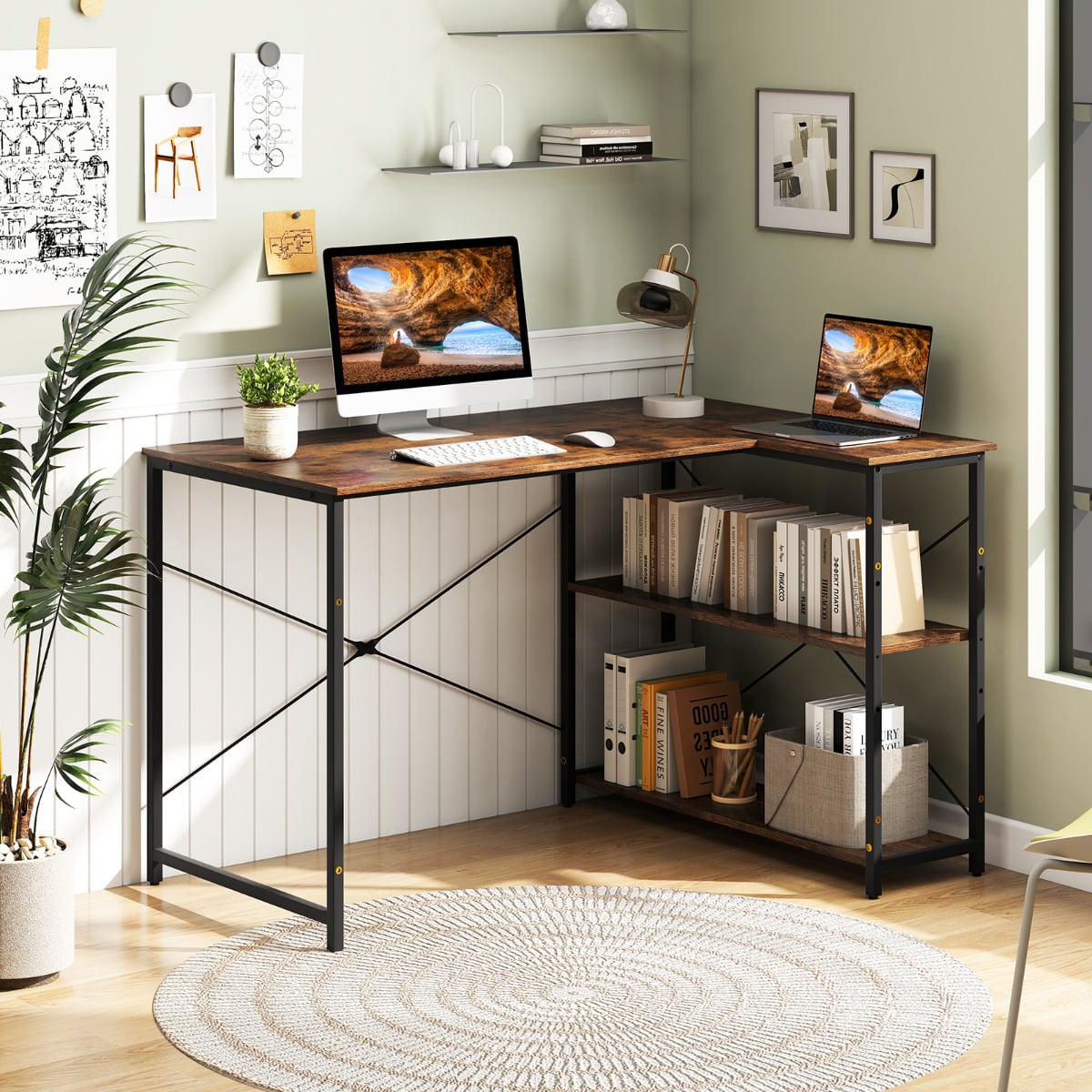 L-shaped Computer Desk Reversible Corner Desk with Adjustable Shelf-Rustic Brown