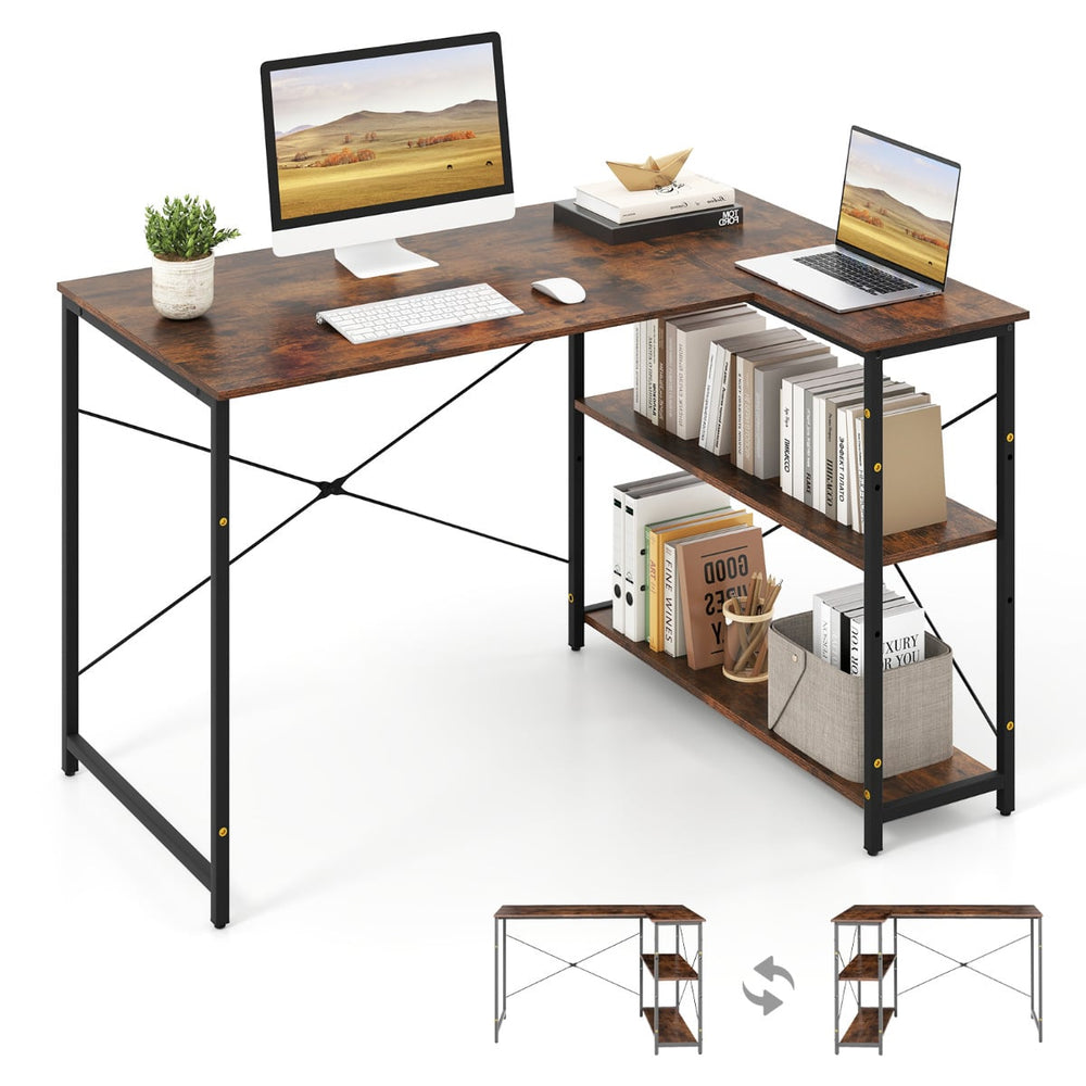 L-shaped Computer Desk Reversible Corner Desk with Adjustable Shelf-Rustic Brown
