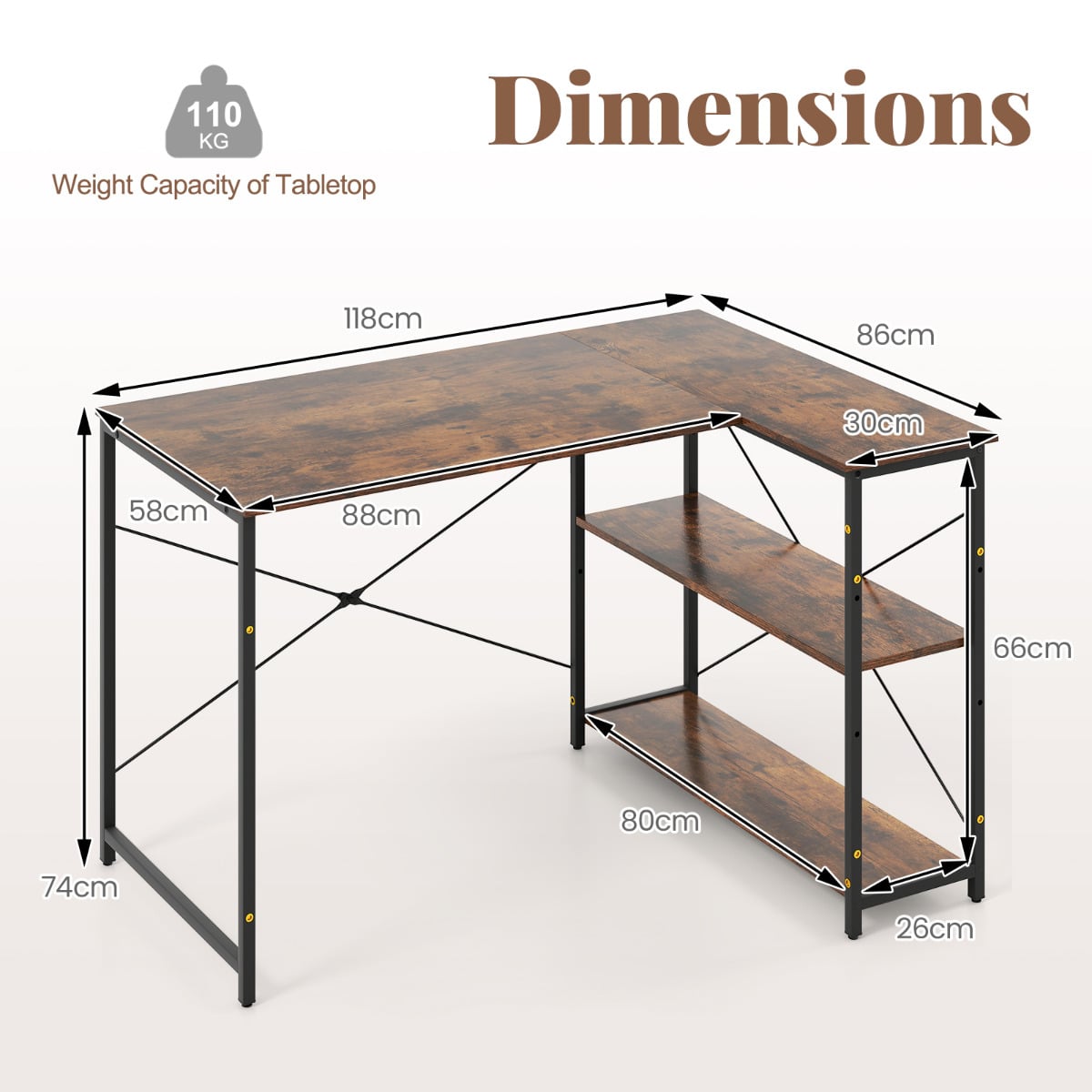 L-shaped Computer Desk Reversible Corner Desk with Adjustable Shelf-Rustic Brown