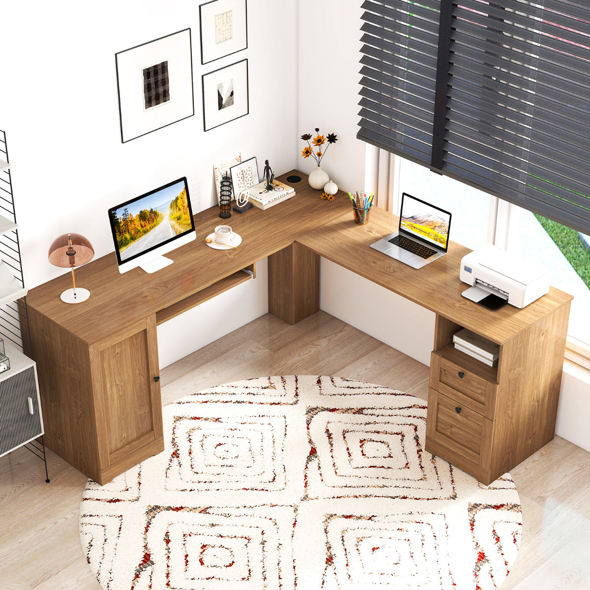 L-shaped Computer Desk with Power Outlets and 2 Storage Drawers-Natural
