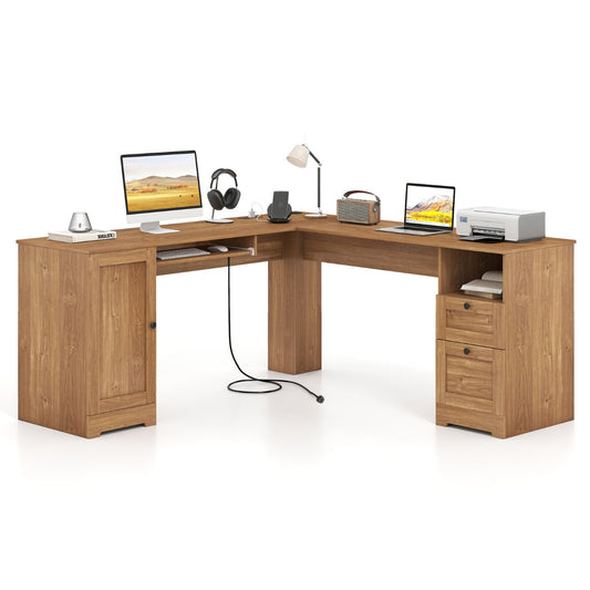 L-shaped Computer Desk with Power Outlets and 2 Storage Drawers-Natural