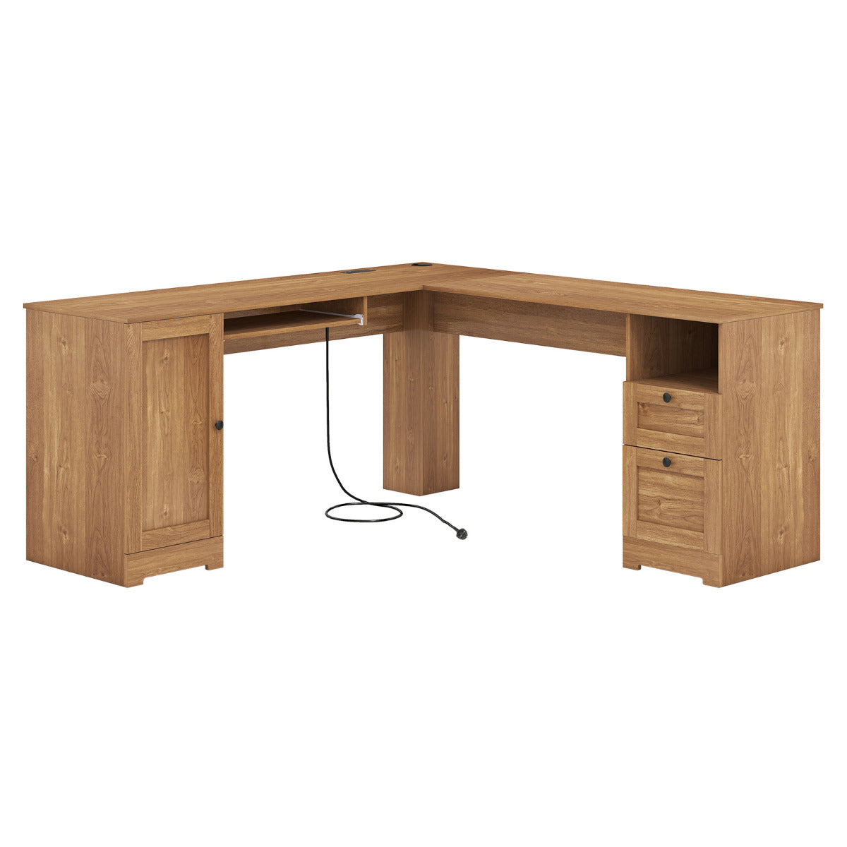 L-shaped Computer Desk with Power Outlets and 2 Storage Drawers-Natural