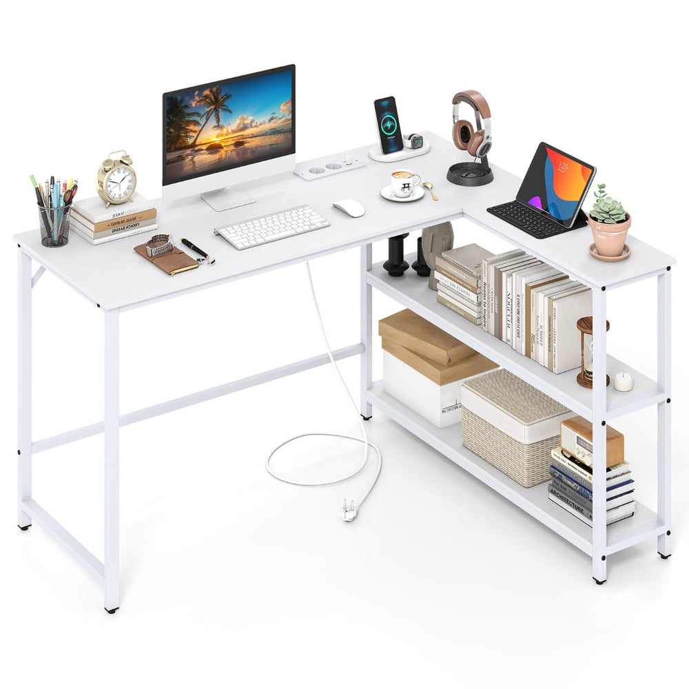 L Shaped Desk with Charging Station Corner Computer Desk with Storage Shelves-White