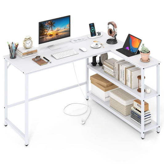 L Shaped Desk with Charging Station Corner Computer Desk with Storage Shelves-White