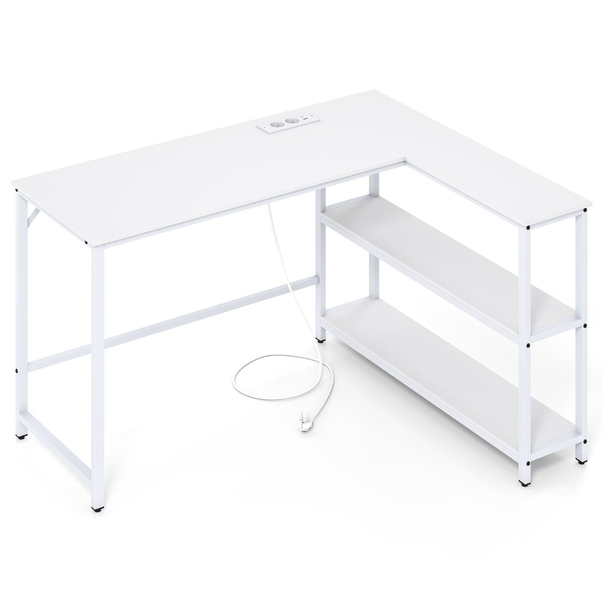 L Shaped Desk with Charging Station Corner Computer Desk with Storage Shelves-White
