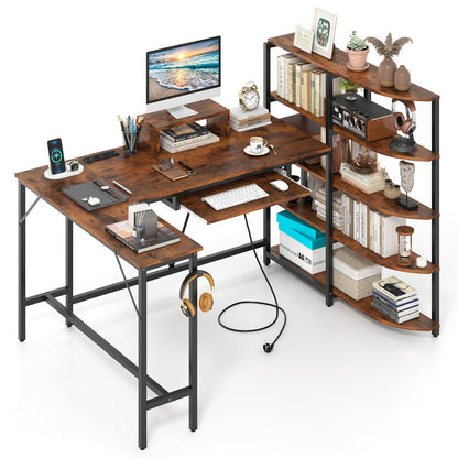 L Shaped Desk with Storage Shelves Corner Computer Desk with Charging Station-Rustic Brown