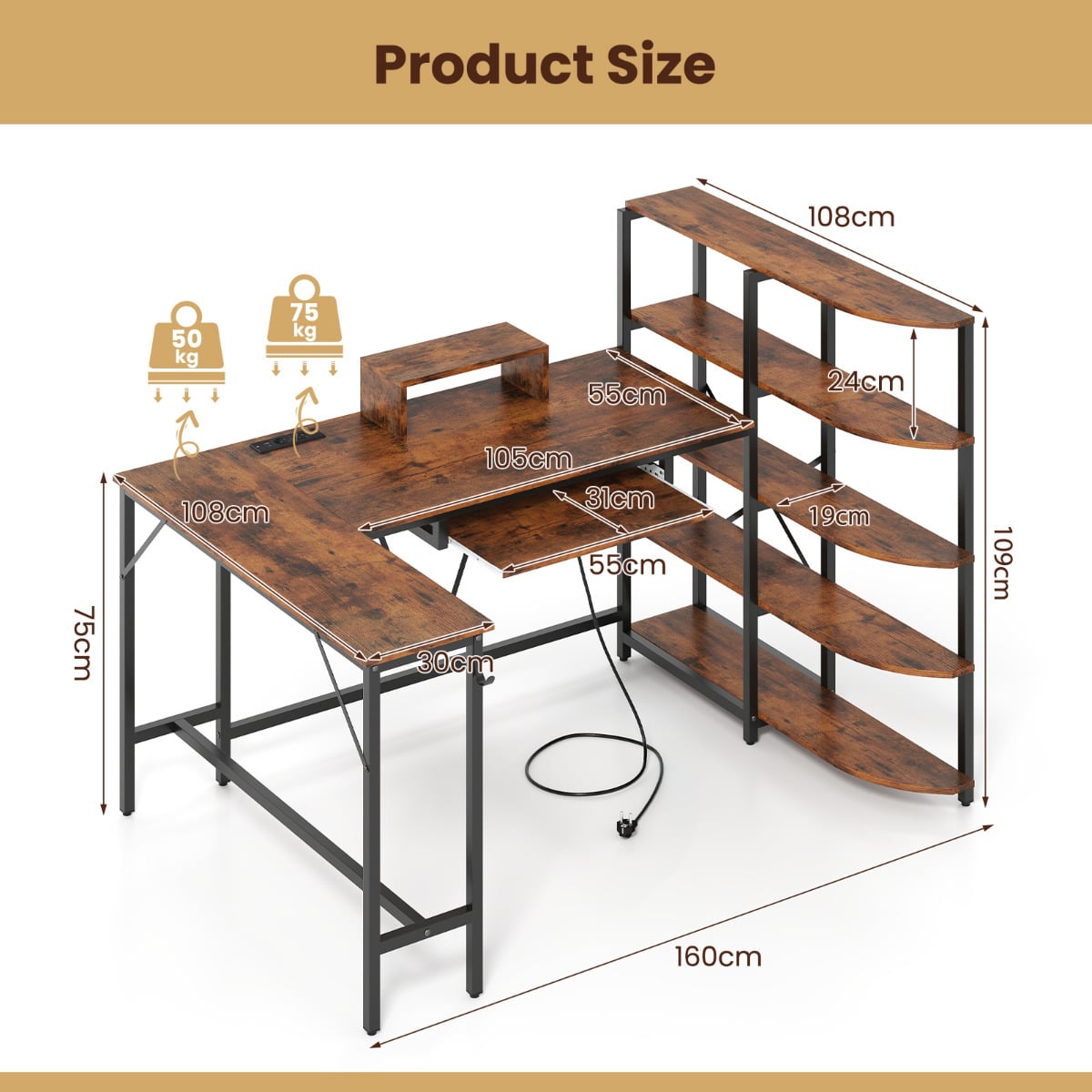 L Shaped Desk with Storage Shelves Corner Computer Desk with Charging Station-Rustic Brown