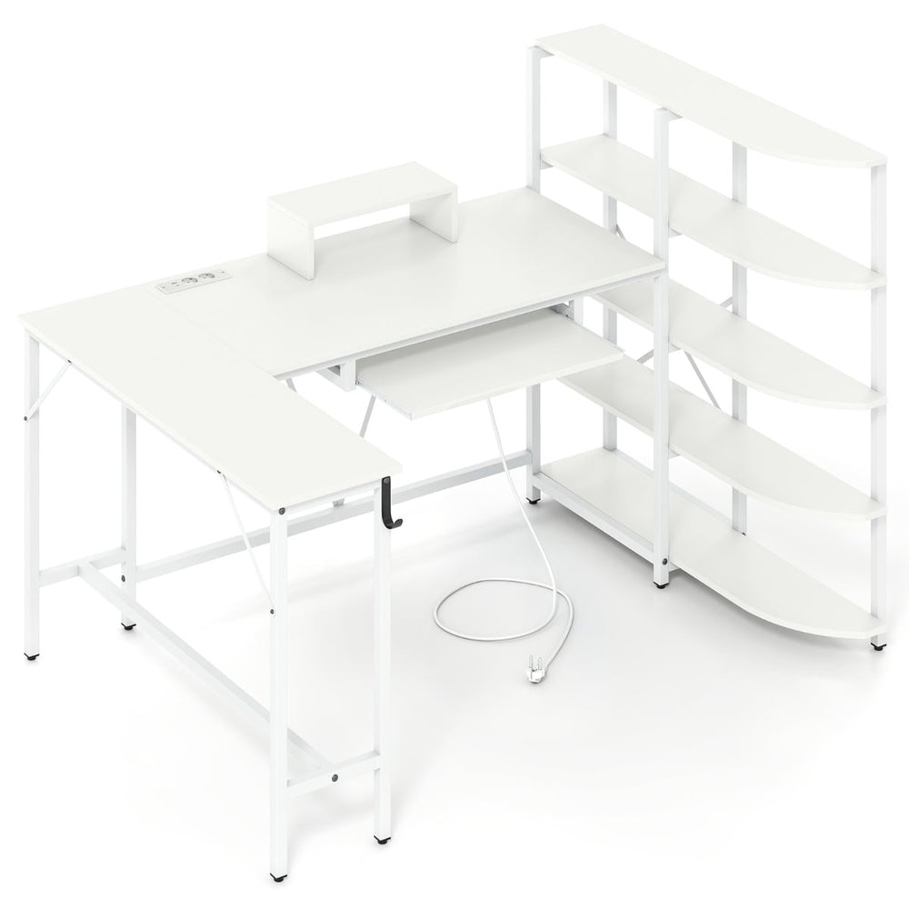 L Shaped Desk with Storage Shelves Corner Computer Desk with Charging Station-White
