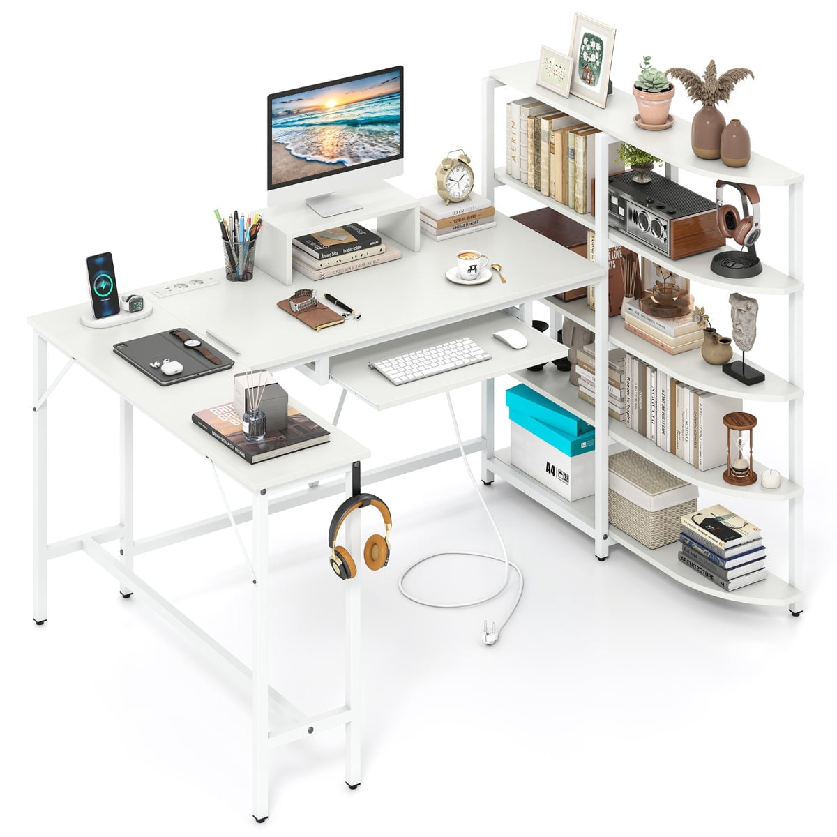 L Shaped Desk with Storage Shelves Corner Computer Desk with Charging Station-White