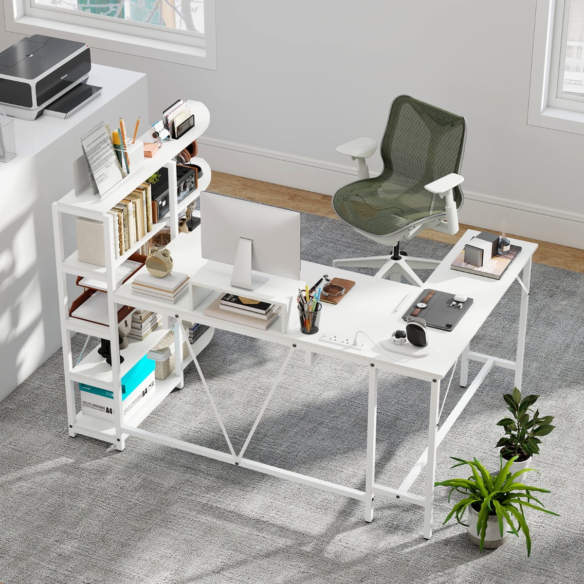 L Shaped Desk with Storage Shelves Corner Computer Desk with Charging Station-White