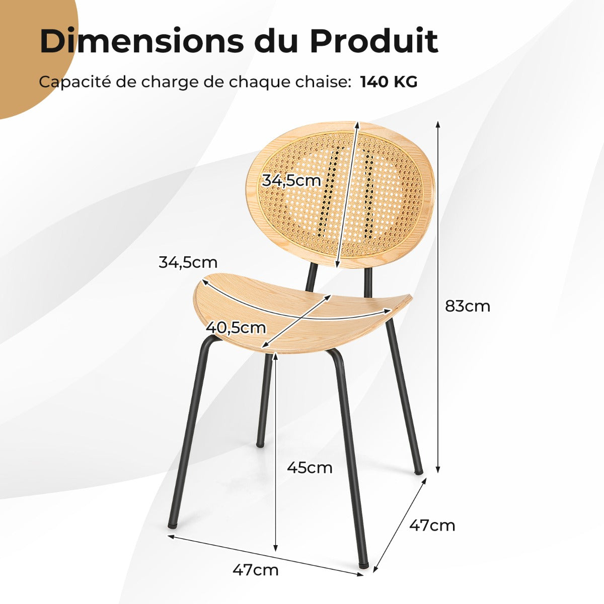 Rattan Dining Chair Set of 2 with Metal Legs and Plywood Seat-Natural