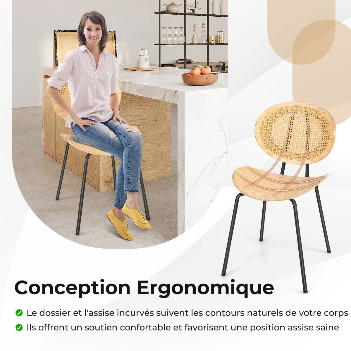 Rattan Dining Chair Set of 2 with Metal Legs and Plywood Seat-Natural