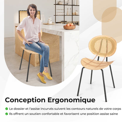 Rattan Dining Chair Set of 2 with Metal Legs and Plywood Seat-Natural