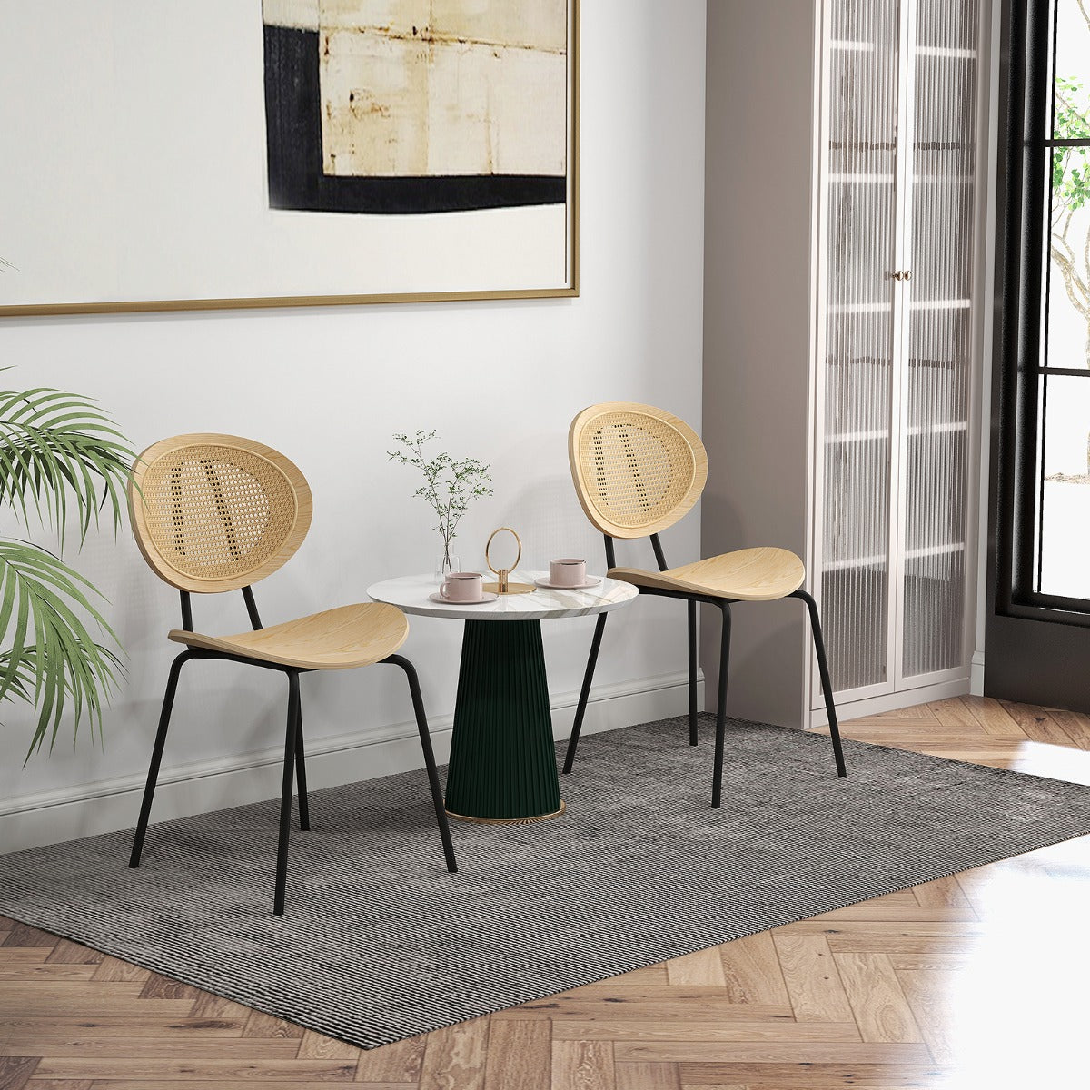 Rattan Dining Chair Set of 2 with Metal Legs and Plywood Seat-Natural