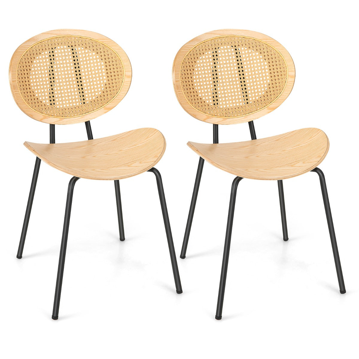 Rattan Dining Chair Set of 2 with Metal Legs and Plywood Seat-Natural