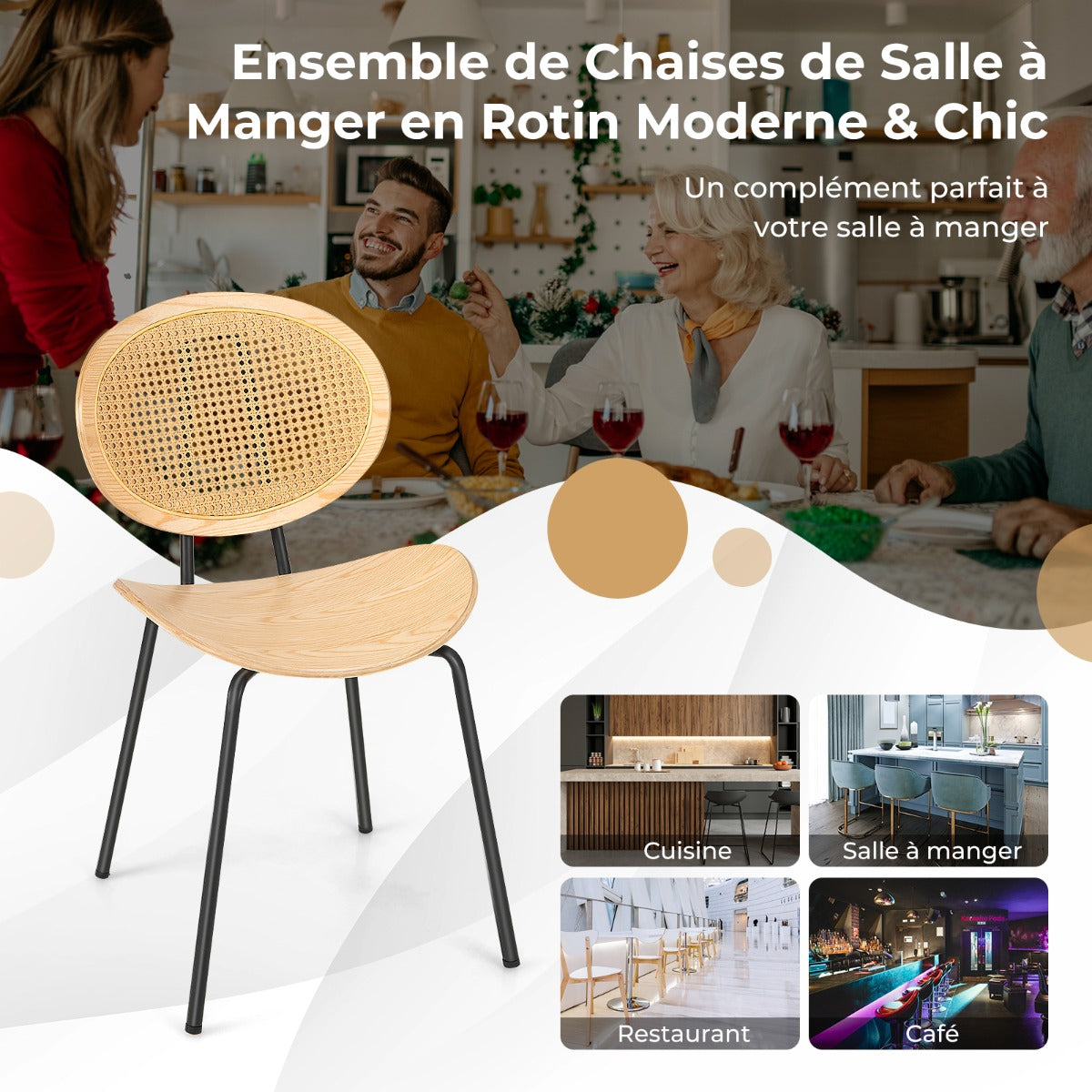 Rattan Dining Chair Set of 2 with Metal Legs and Plywood Seat-Natural