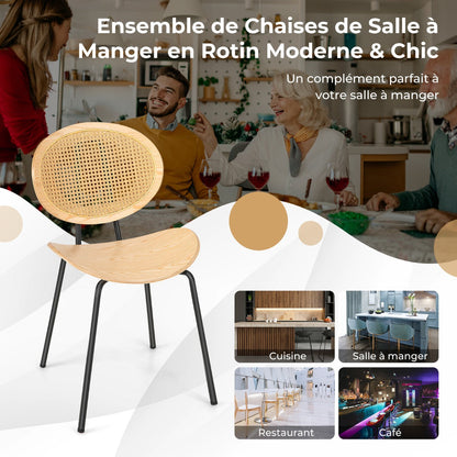 Rattan Dining Chair Set of 2 with Metal Legs and Plywood Seat-Natural