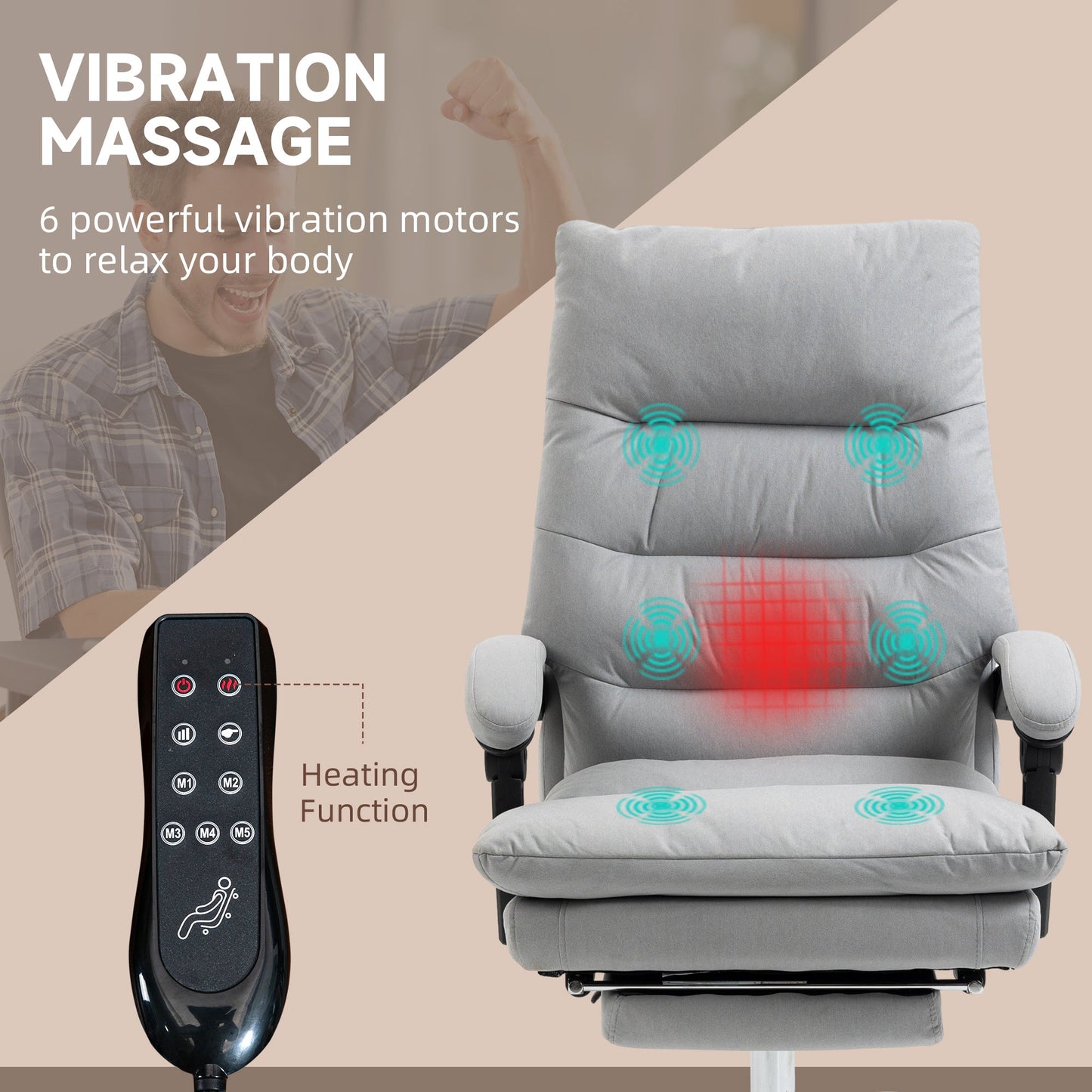 Vinsetto Vibration Massage Office Chair with Heat, Microfibre Computer Chair with Footrest, Armrest, Reclining Back, Double-tier Padding, Grey