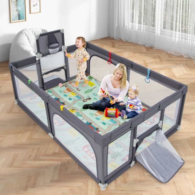 Large Baby Playpen with Mat with Basketball Hoop and Soccer Nets-Dark Grey