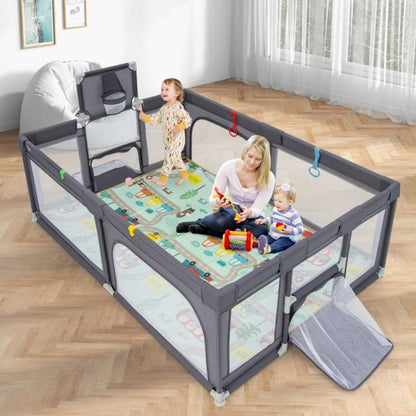 Large Baby Playpen with Mat with Basketball Hoop and Soccer Nets-Dark Grey