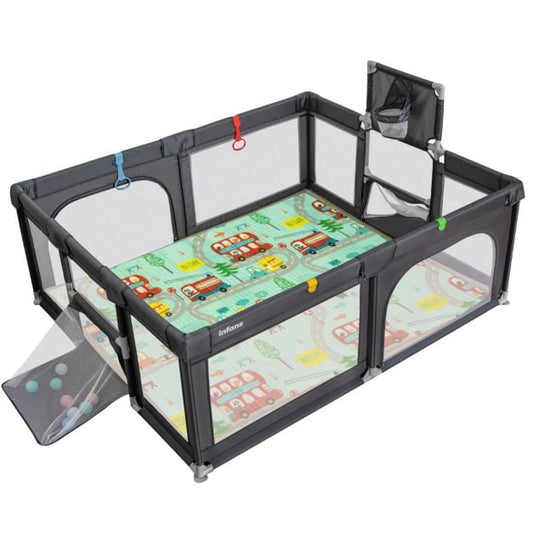 Large Baby Playpen with Mat with Basketball Hoop and Soccer Nets-Dark Grey
