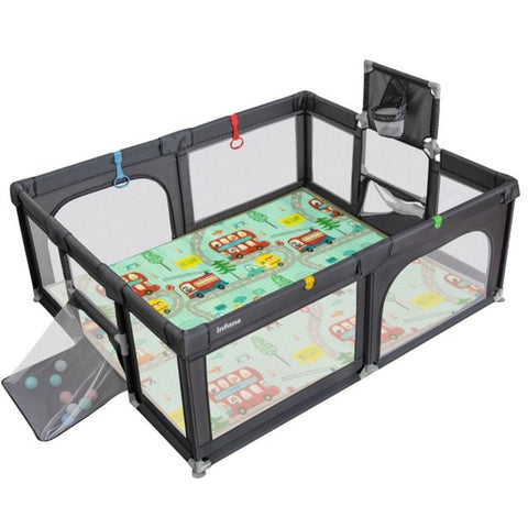 Large Baby Playpen with Mat with Basketball Hoop and Soccer Nets-Dark Grey