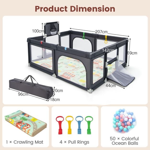 Large Baby Playpen with Mat with Basketball Hoop and Soccer Nets-Dark Grey