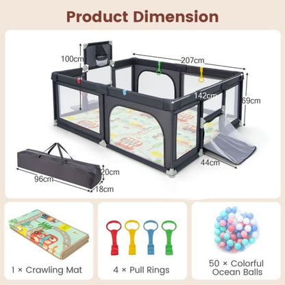 Large Baby Playpen with Mat with Basketball Hoop and Soccer Nets-Dark Grey