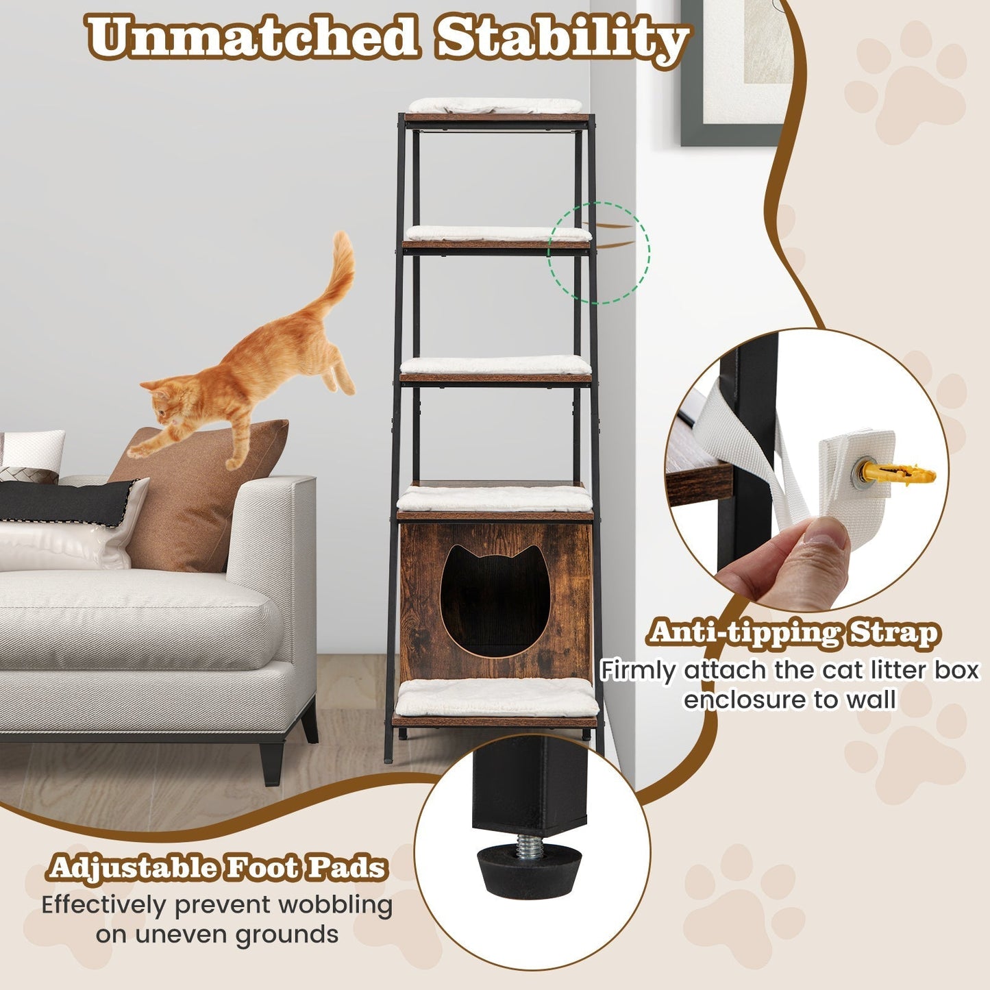 Large Cat Litter Box Enclosure with Storage and Removable Plush Mats-Coffee