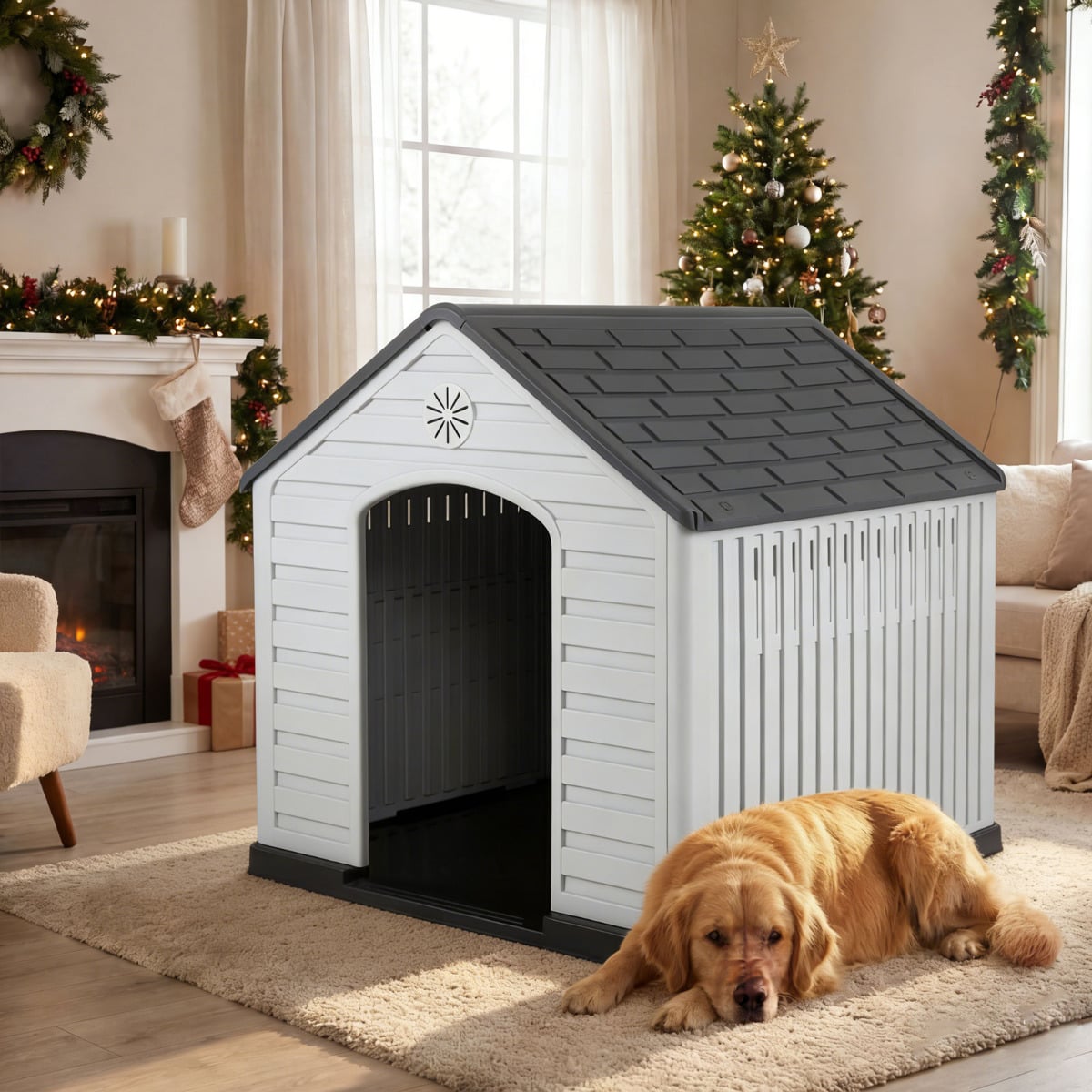 Large Plastic Dog House Waterproof Pet Shelter with Air Vents-Grey