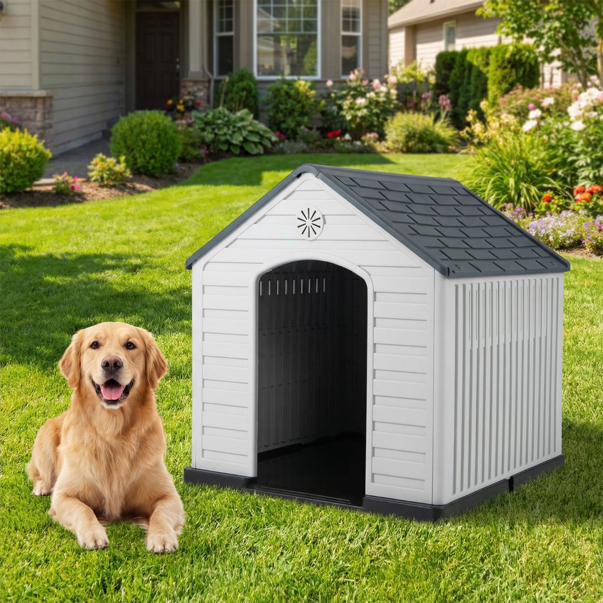 Large Plastic Dog House Waterproof Pet Shelter with Air Vents-Grey