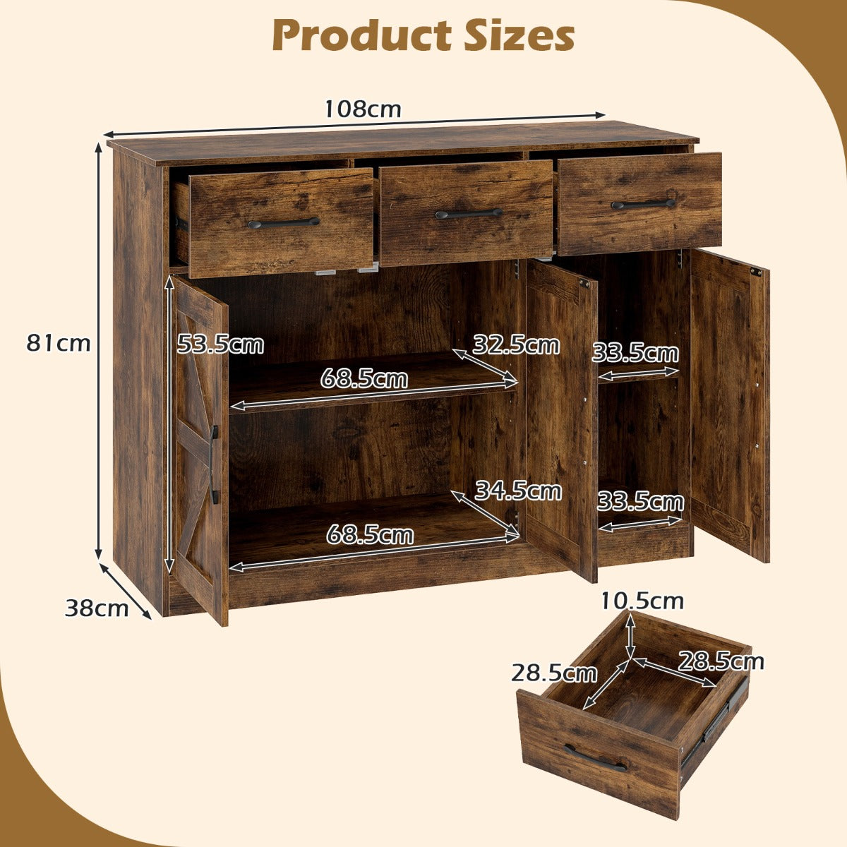 108cm Large Sideboard Storage Cabinet with Adjustable Shelves and Doors-Rustic Brown