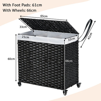 Laundry Hamper with Lid and Wheels and 2 Removable and Washable Liner Bags-Black