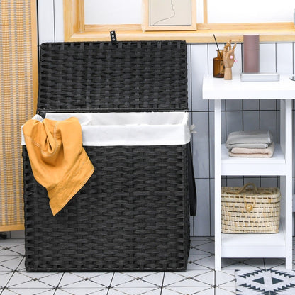 Laundry Hamper with Lid and Wheels and 2 Removable and Washable Liner Bags-Black