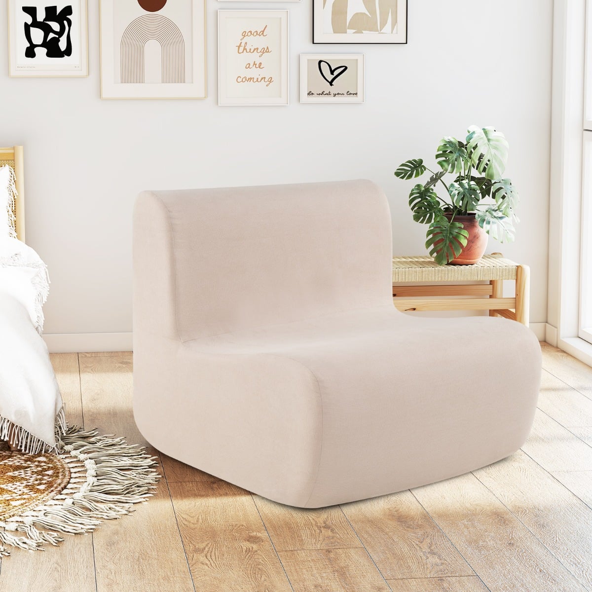 Lazy Floor Sofa Chair with Soft Velvet and Ergonomic Support-Beige