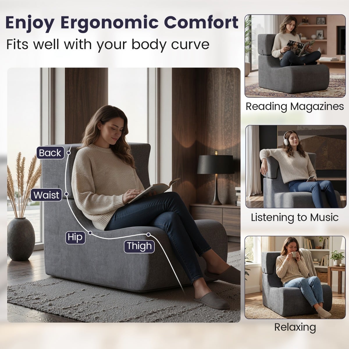 Lazy Sofa with Detachable Headrest and Washable Ice Velvet Cover-Grey