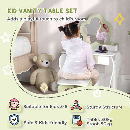 ZONEKIZ Kids Vanity Table with Mirror and Stool, Drawer, Storage Boxes, Beauty Flower Design, for 3-6 Years Old, White