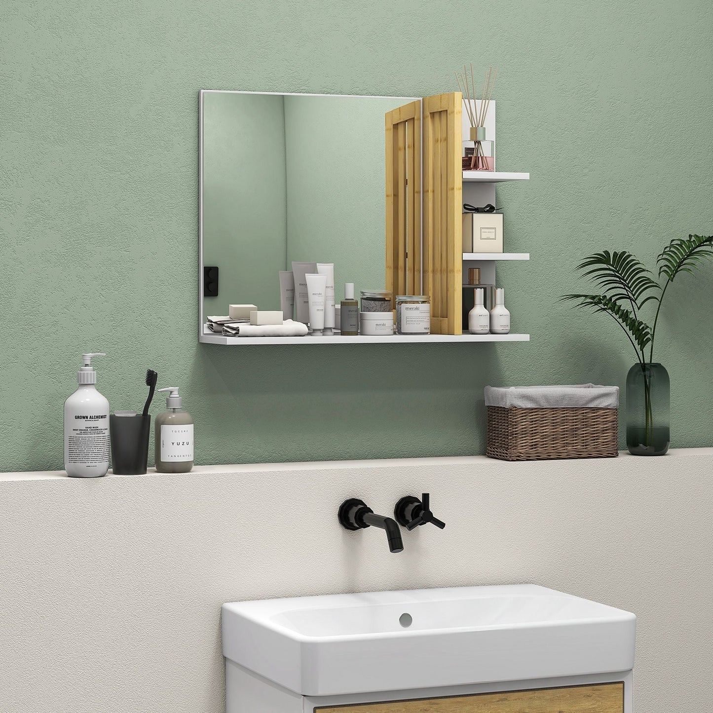 HOMCOM Bamboo Panel Bathroom Mirror, with Shelves - White