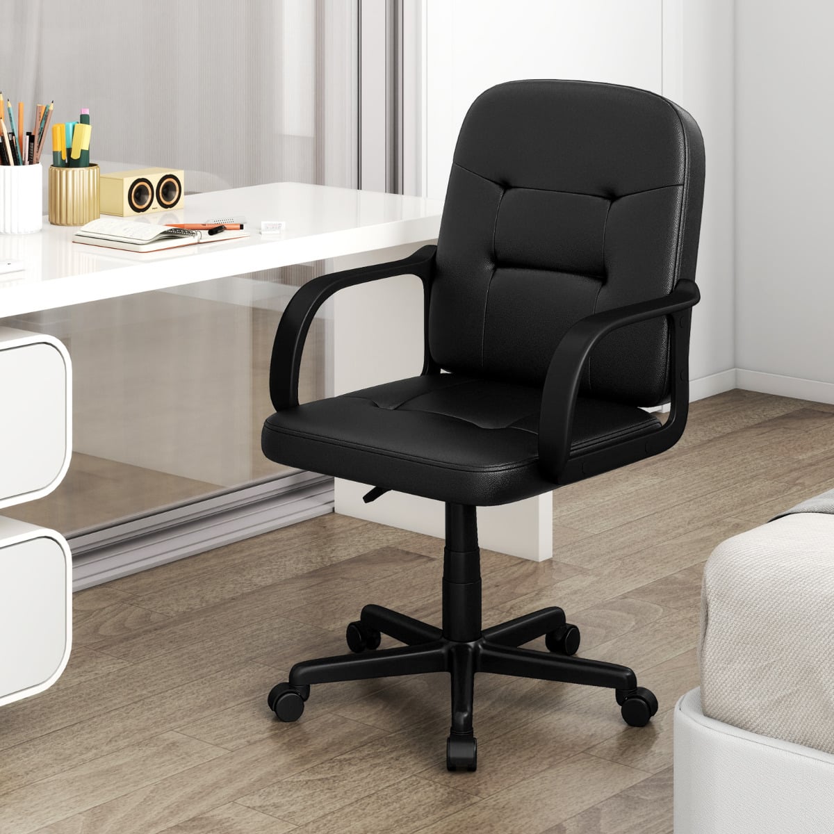 Leather Office Chair PU Upholstered Swivel Chair with Ergonomic Back and Curved Armrests-Black