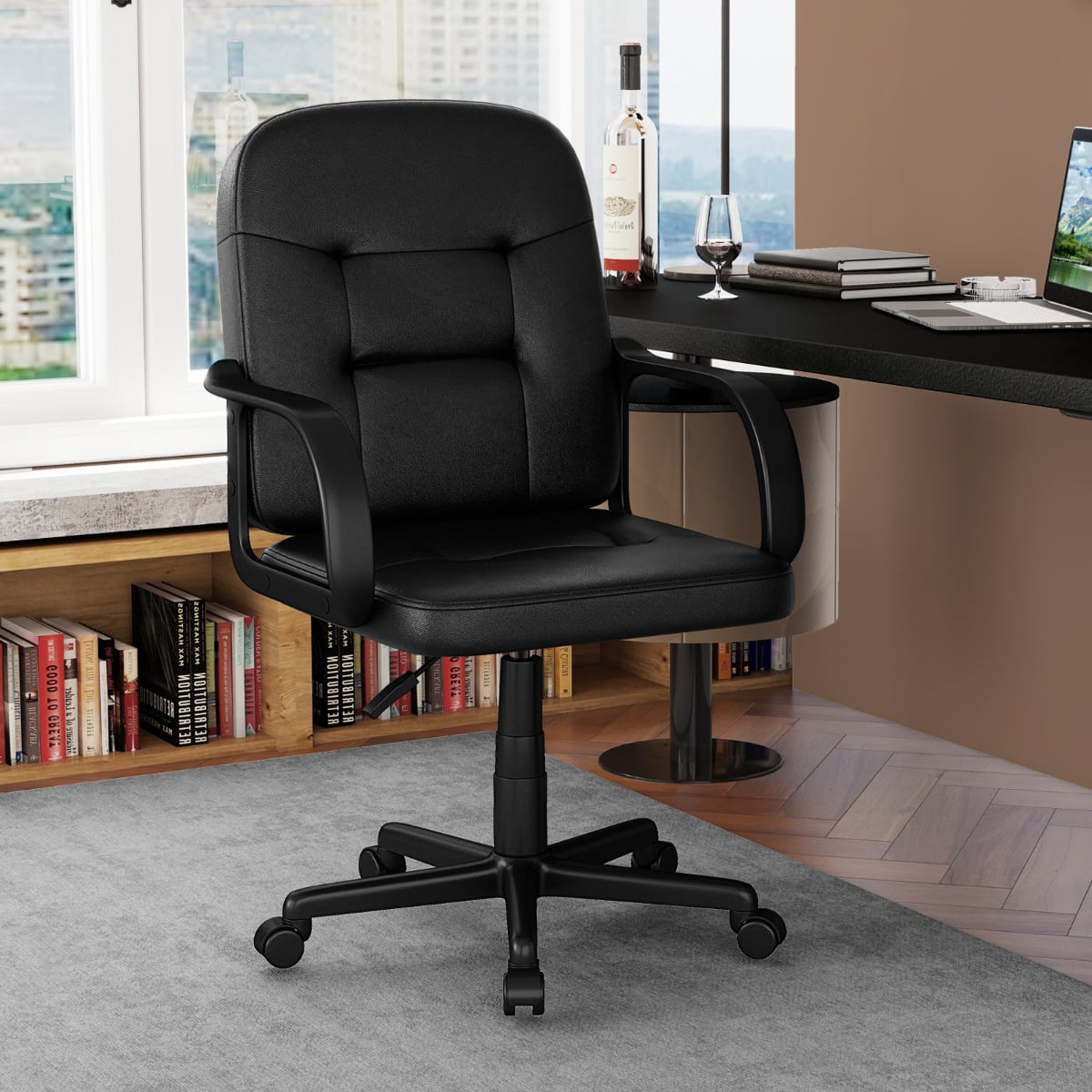 Leather Office Chair PU Upholstered Swivel Chair with Ergonomic Back and Curved Armrests-Black