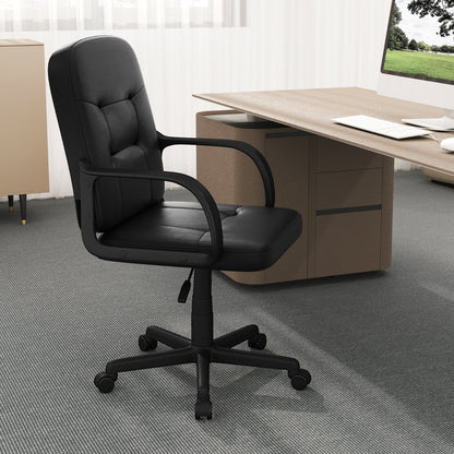 Leather Office Chair PU Upholstered Swivel Chair with Ergonomic Back and Curved Armrests-Black