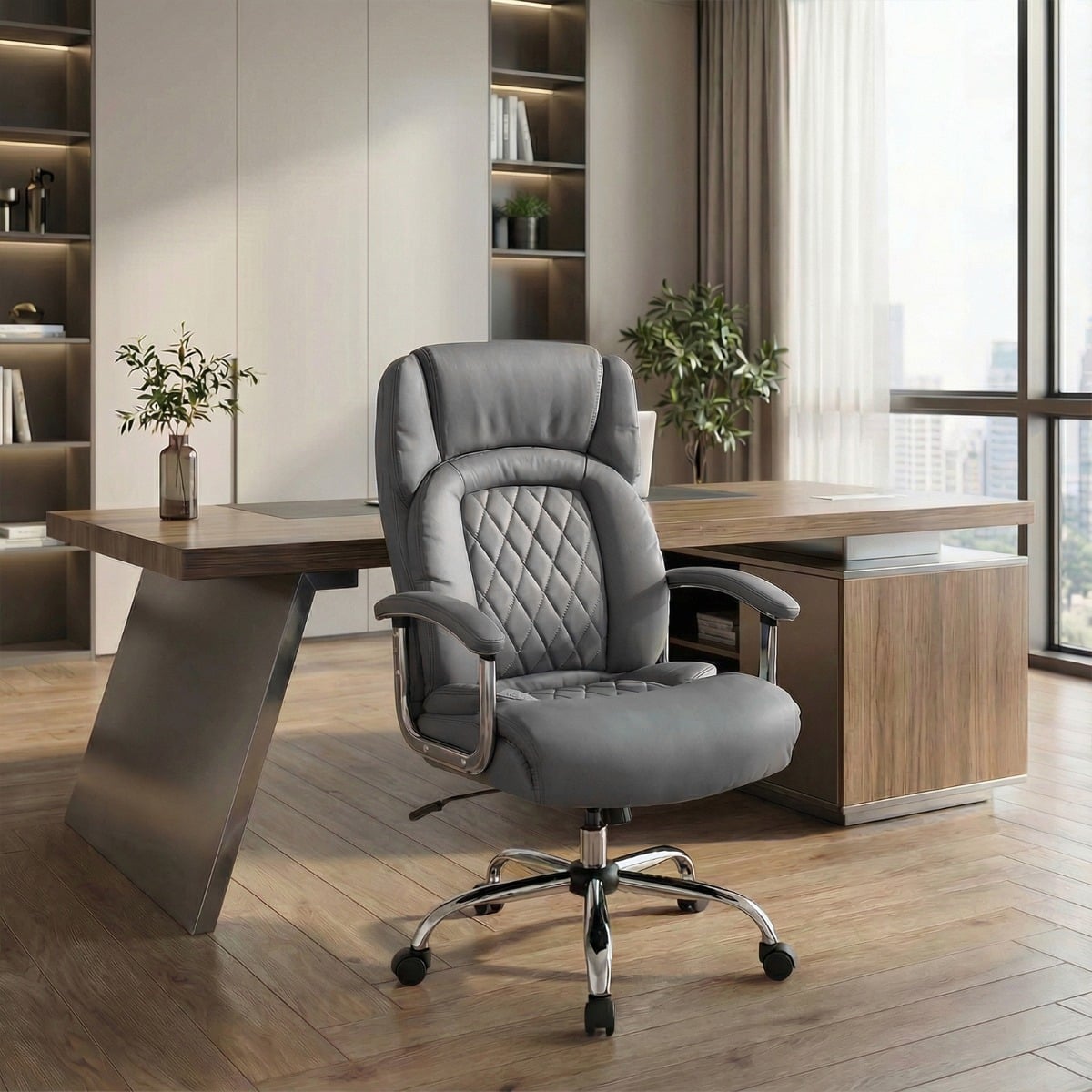 Leather Office Chair with Rocking Mode and Armrests-Grey