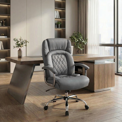 Leather Office Chair with Rocking Mode and Armrests-Grey