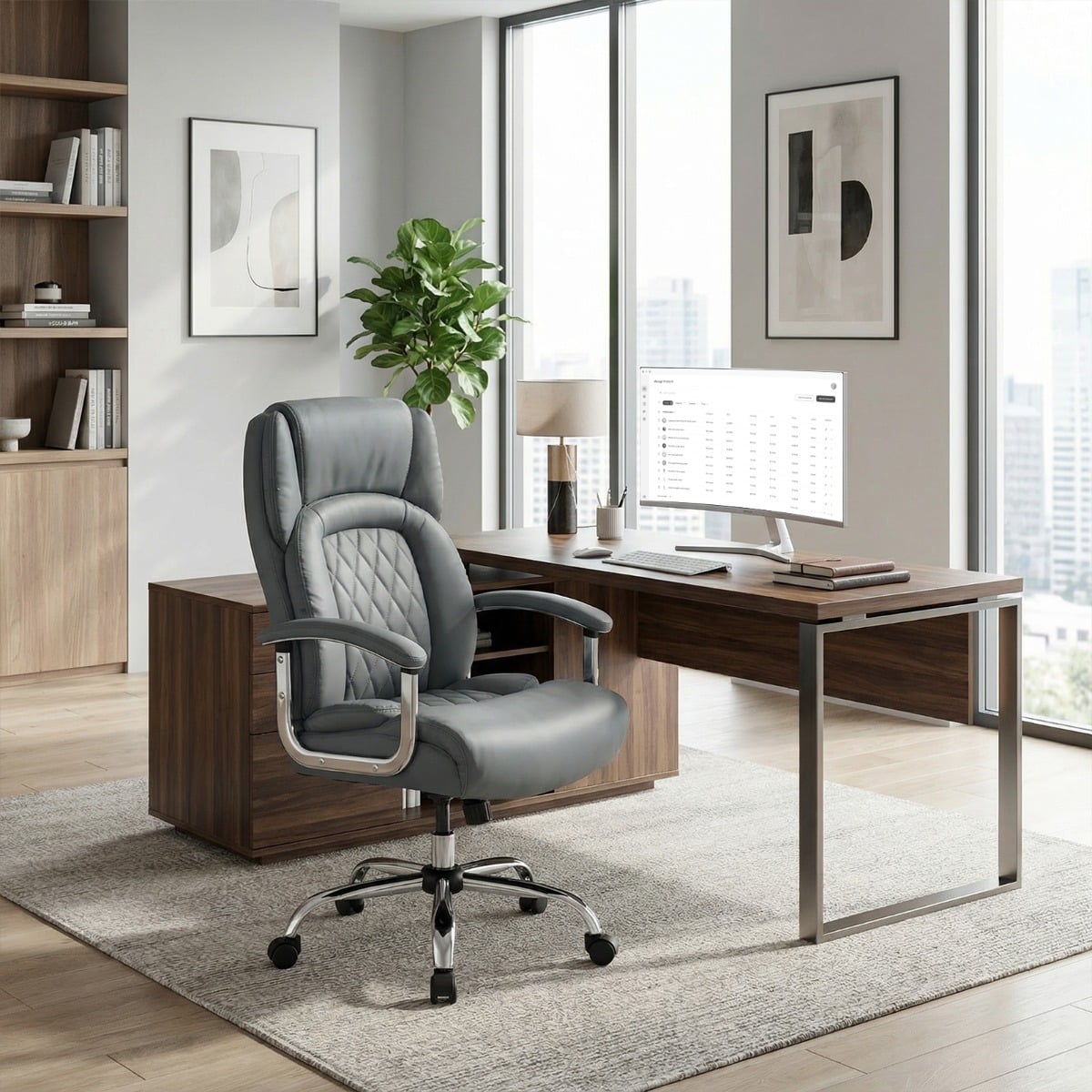 Leather Office Chair with Rocking Mode and Armrests-Grey