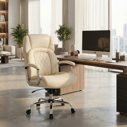 Leather Office Chair with Rocking Mode and Armrests-Beige